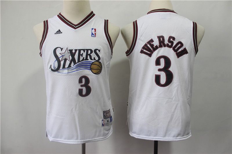 Youth Philadelphia 76ers 3 Iverson White Adidas NBA Jerseys1